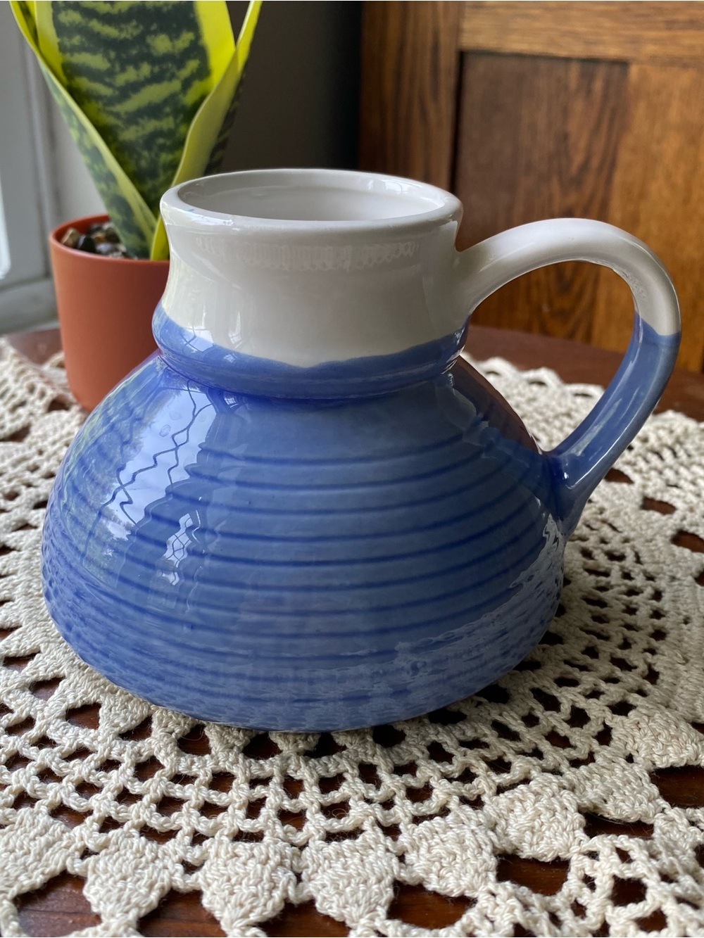 Vintages 1980’s Handcrafted Ceramic Travel Mug in Pale Blue and White EUC